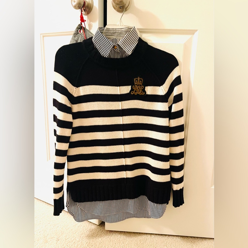 Lauren Ralph Lauren Layered-Look Striped Embroidered Sweater